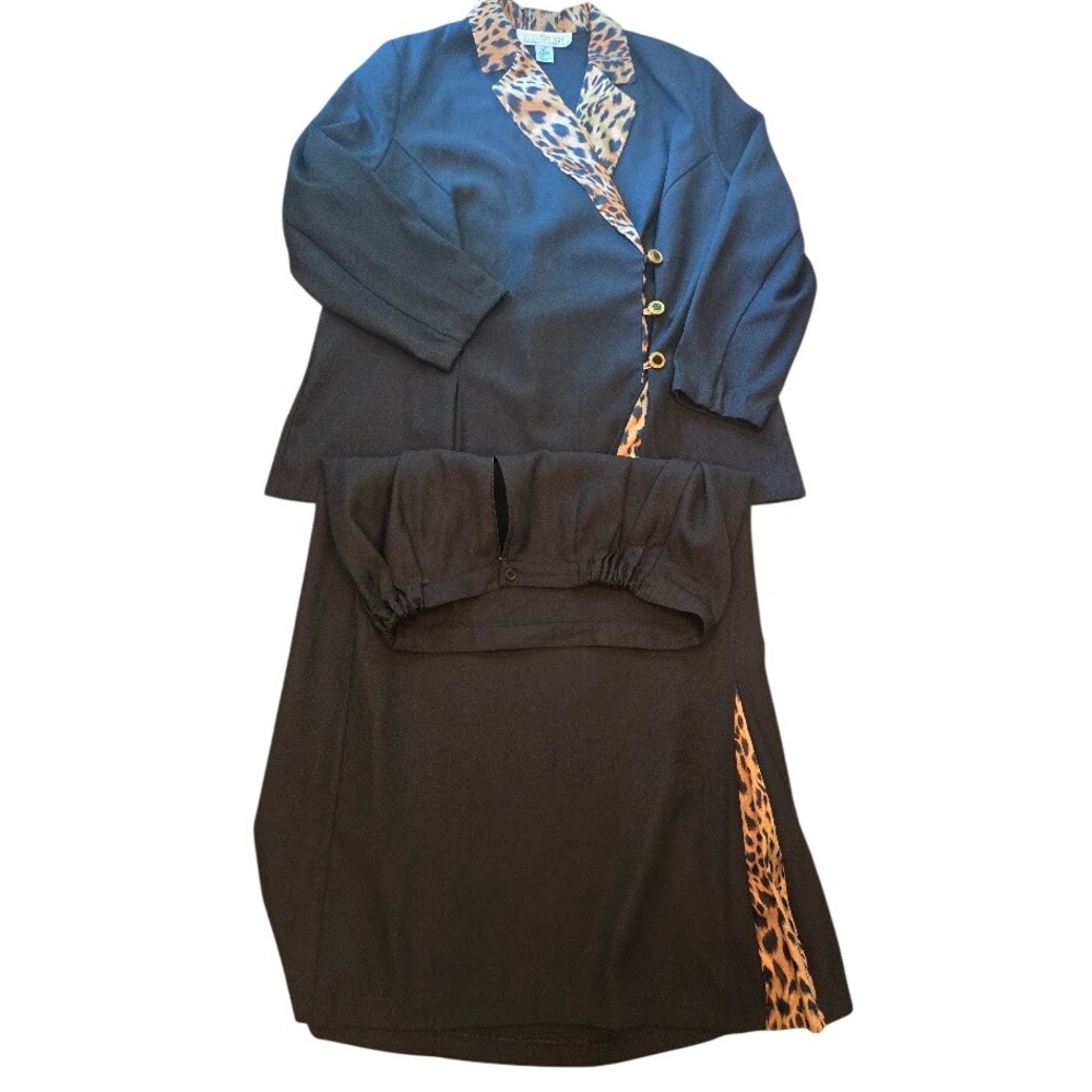 Allison Woods Womens 20W 2PC Skirt Suit Black Leopard Print Trim Blazer Set